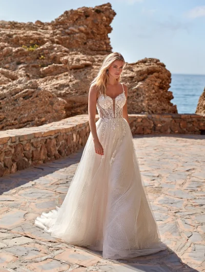 Brautkleid mit transparenter Corsage Glitzertüll moderne Prinzessin
